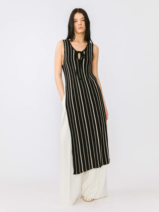 High Slit Striped Knit Sleeveless Dress