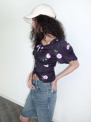 Square Neck Puff Sleeve Flower Print T-shirt