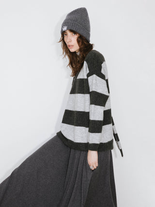 Oversized V-neck Contrast Striped Sweater With Scarf