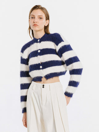 Striped Mock Neck Fluffy Cardigan