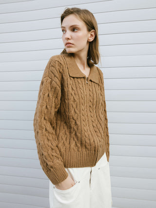 Lozenge and Cable Knit Zip Up Cardigan