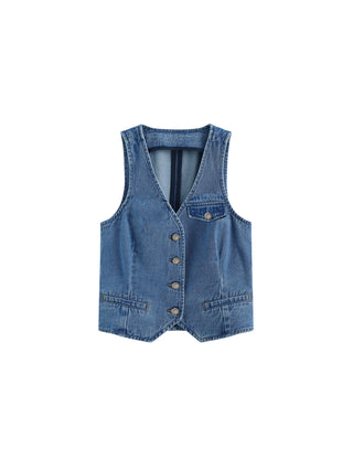 V-Neck Slim Fit Cropped Denim Vest