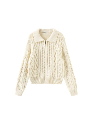 Lozenge and Cable Knit Zip Up Cardigan