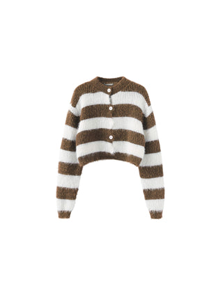 Striped Mock Neck Fluffy Cardigan