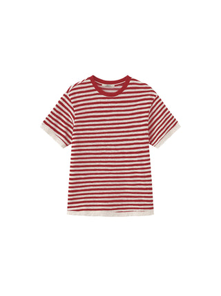 Lace Trim Color-Block Striped Knit T-Shirt