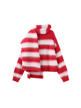 Striped Color Block Wool Knit Cardigan With Scarf
