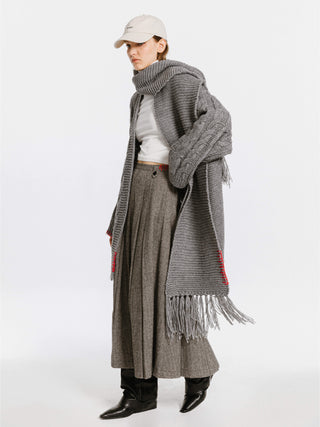 Fringed Long Scarf with Wool Blend