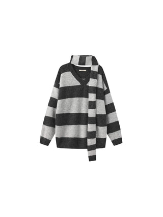 Oversized V-neck Contrast Striped Sweater With Scarf