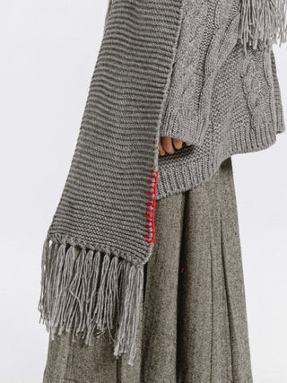 Fringed Long Scarf with Wool Blend