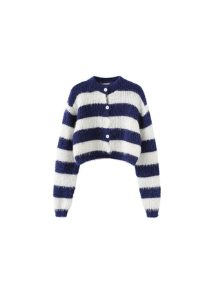 Striped Mock Neck Fluffy Cardigan