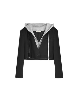 Single Breasted Cropped Blazer with Attached Hoodie