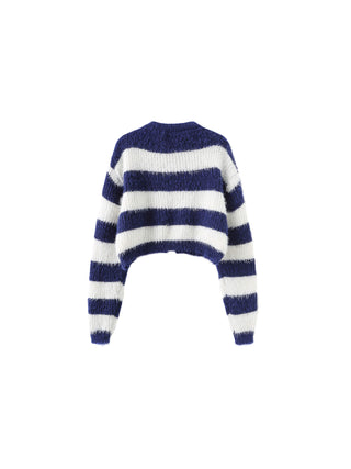 Striped Mock Neck Fluffy Cardigan