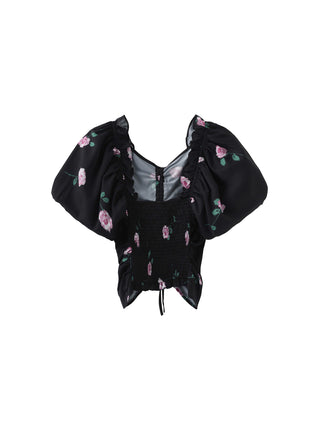 Square Neck Puff Sleeve Flower Print T-shirt