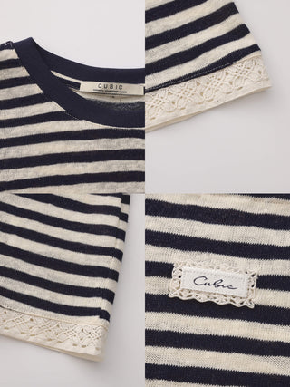 Lace Trim Color-Block Striped Knit T-Shirt