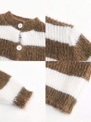 Striped Mock Neck Fluffy Cardigan