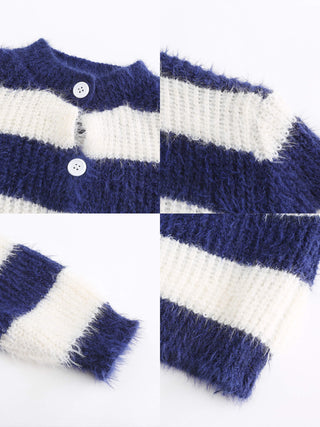 Striped Mock Neck Fluffy Cardigan