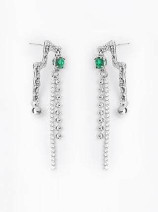 Green Stone and Silver Tassel Drop Earrings