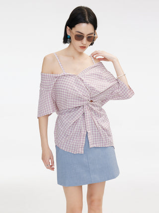 Off-Shoulder Knotted Checkered Blouse