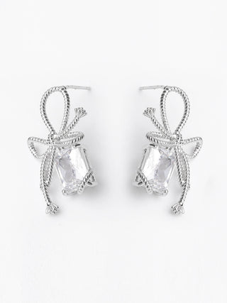 Thin Bow and Stone Stud Earrings