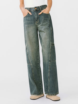 Patchwork Straight Leg Washed Jeans