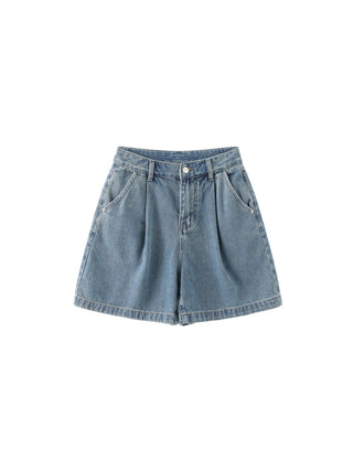 Wide Leg Pleated Denim Shorts