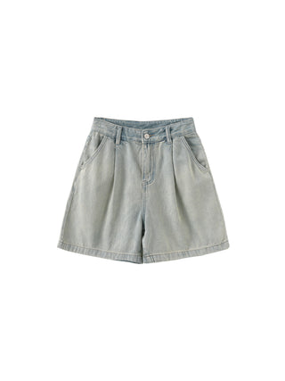 Wide Leg Pleated Denim Shorts