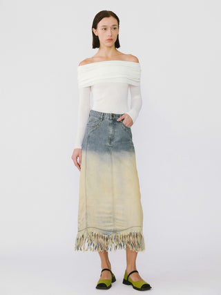 Frayed Hemline Stone Washed Long Demin Skirt
