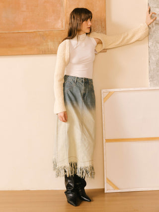 Stone Washed Demin Skirt with Frayed Hem