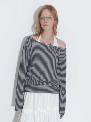 Adjustable Collar Oversized Stripe Long Sleeve Top