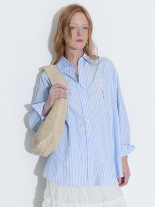 Loose Striped Shirt with Cord Embroidery