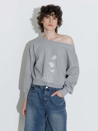 Lace Print Oversized Sweatshirt with Wide Neckline