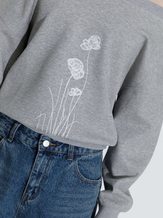 Lace Print Oversized Sweatshirt with Wide Neckline