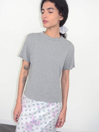 Gray Cotton T-shirt with Curly Hem