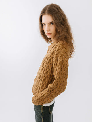 Lozenge and Cable Knit Zip Up Cardigan
