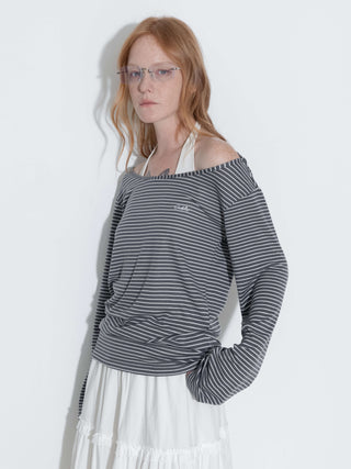 Adjustable Collar Oversized Stripe Long Sleeve Top