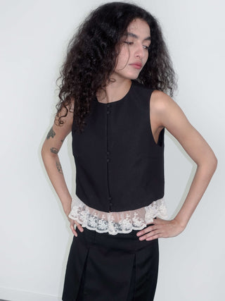 Lace Hem Patchwork Black Tank Top