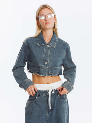 Extra Cropped Frayed Denim Jacket