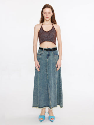Asymmetric Slitted Maxi Denim Skirt