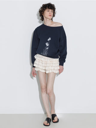 Lace Print Oversized Sweatshirt with Wide Neckline