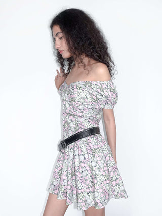 V-neck Puff Sleeve Floral Short Dress