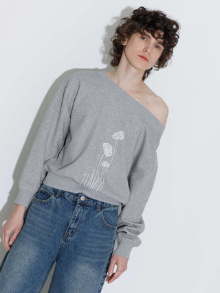 Lace Print Oversized Sweatshirt with Wide Neckline