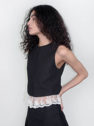 Lace Hem Patchwork Black Tank Top