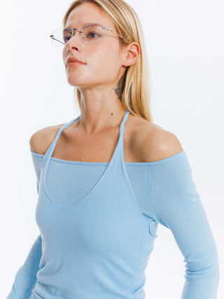 Blue Halter Neck Knit Top with Wool Blend