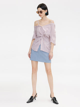 Off-Shoulder Knotted Checkered Blouse
