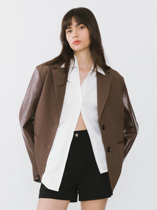 Faux Leather and Wool Oversized Blazer