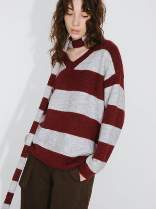 Oversized V-neck Contrast Striped Sweater With Scarf