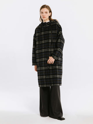 Checked Mid-length Wool Coat with Hood