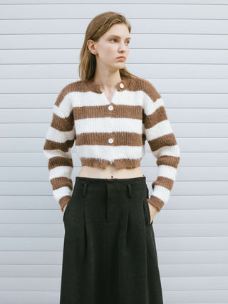 Striped Mock Neck Fluffy Cardigan