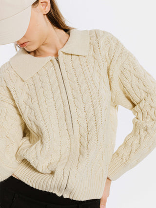 Lozenge and Cable Knit Zip Up Cardigan