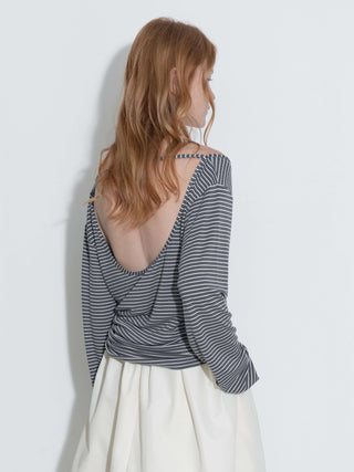 Adjustable Collar Oversized Stripe Long Sleeve Top